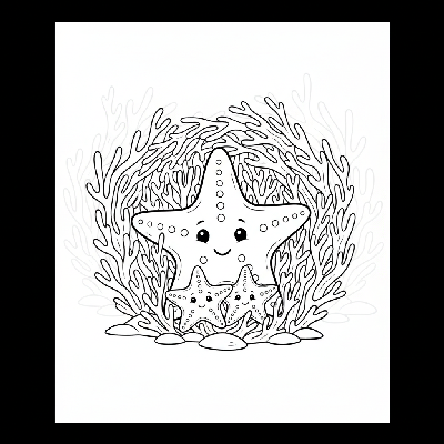 Black and white line art of a starfish family nestled together among delicate coral reef branches.