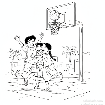 Line art of happy Indian children celebrating a street basketball basket with hugs and cheers.