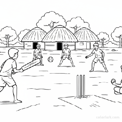 Wide scene of an informal cricket match with several Indian children playing on a village ground, with huts in the background.