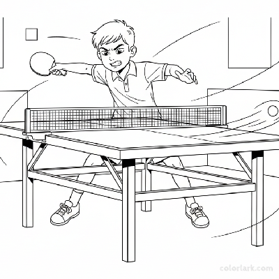 Line art of a young ping pong player engaged in a backhand rally.