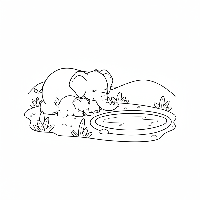 Coloring page of a mother and baby elephant resting by a calm pool.