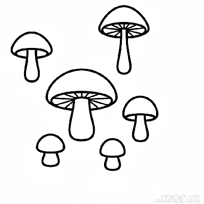 Black and white line art of a collection of simple mushroom outlines with thick lines, specifically for toddler coloring.