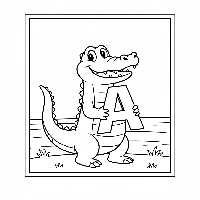 Black and white line art of a smiling alligator holding the letter A.