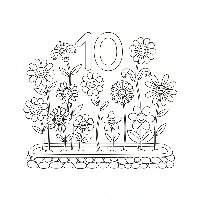 Black and white line art coloring page with ten flowers in a garden scene and the number 10.