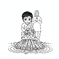 Child offering flowers to Holika Dahan bonfire coloring page for Holi.