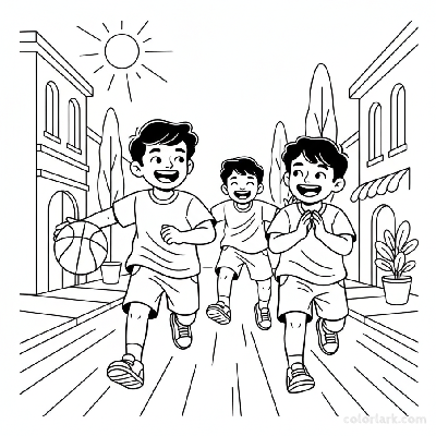 Line art of joyful Indian boys running with a basketball on a street, with a friend playfully chasing.