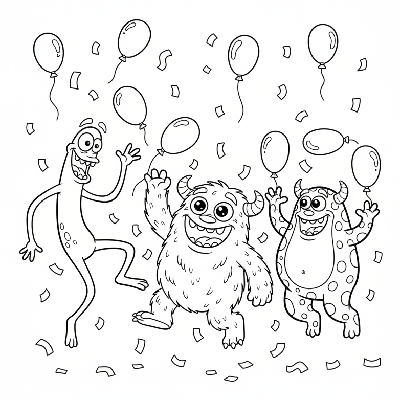 Black and white line art of happy monsters playing with balloons and confetti at a Halloween party, coloring page.