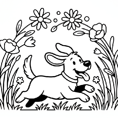 Black and white line art of a happy dog joyfully running through an arch of tall meadow grass, suitable for kids in India.