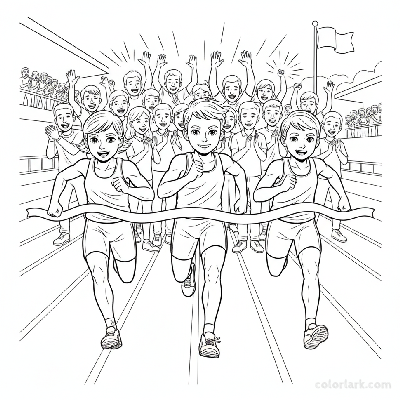 Line art of kids sprinting to break a finish line ribbon, with an anticipating cheering crowd