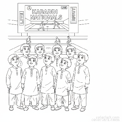 Line art of Indian children looking up at a big screen showing a Kabaddi National Championship match.
