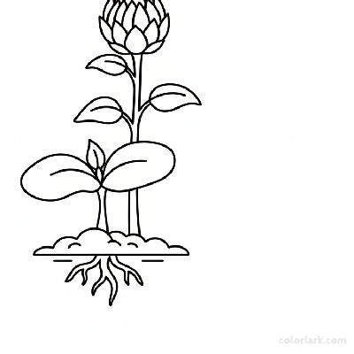 Black and white line art of a baby sunflower sprout and a closed sunflower bud