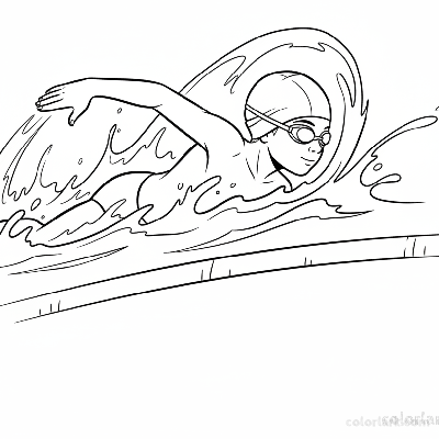 Black and white line art of an energetic child swimming front crawl in a pool, wearing a swim cap and goggles.