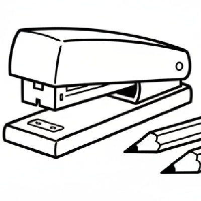 Black and white line art of office desk supplies including a stapler, paper clips, and pencils, all composed of circles, squares, and triangles for coloring.