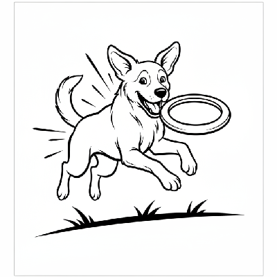 Black and white line art of a happy dog catching a frisbee.