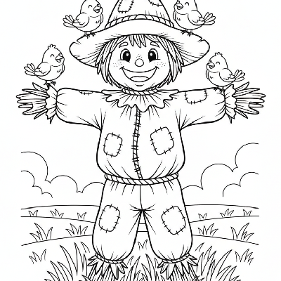 Black and white line art of a friendly scarecrow with birds perched on his hat and shoulders, Halloween coloring page.