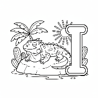 Black and white line art of a curious iguana sunbathing on a rock next to the letter I.