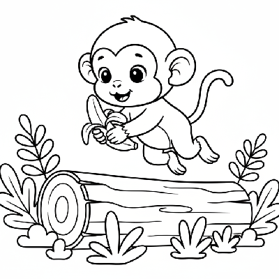 Line art of a cute baby monkey leaping over a fallen log on the jungle floor, holding a banana.