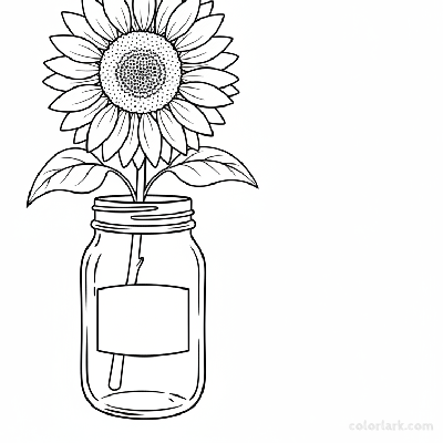 Black and white line art of a single sunflower in a rustic mason jar