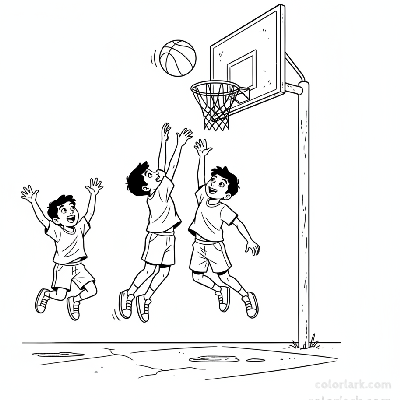 Line art of energetic Indian children jumping for a basketball rebound on a street, with a friend cheering.