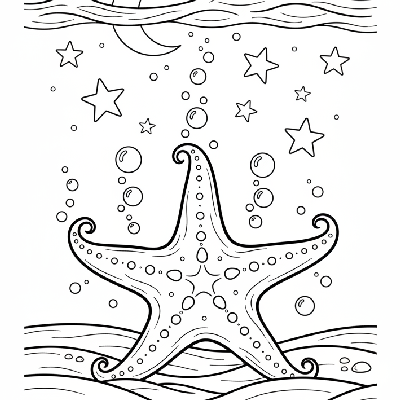 Black and white line art of a starfish on the seabed, with the moon and stars visible through the water surface above.