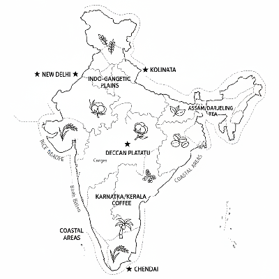 Line art coloring map of India, indicating major crop-producing regions with small icons of crops like wheat and rice.