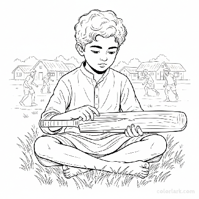 Young Indian boy sitting on village ground, thoughtfully inspecting his simple cricket bat.