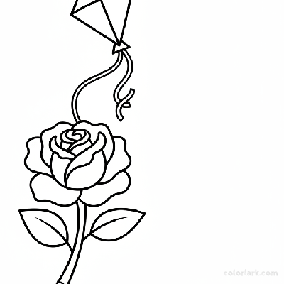 Easy rose and kite flying coloring page for outdoor fun, black and white line art, simple flower and toy kite.