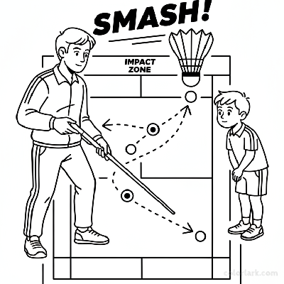Line art of a coach explaining badminton court positioning for a smash to a child.