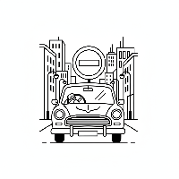 Black and white line art of a car driver making a turn to avoid an Indian no entry sign.