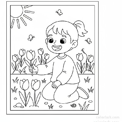 Line art illustration of a child picking tulips in a spring meadow