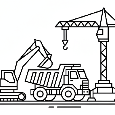 Black and white line art of a heavy equipment yard with a dump truck, excavator, and crane, all composed of circles, squares, and triangles for shape learning.