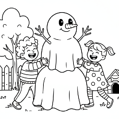 Black and white line art of happy children building a friendly snowman out of white sheets, Halloween coloring page.