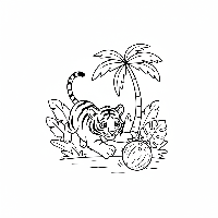 Indian tiger cub pouncing on a rolling coconut free printable coloring page.