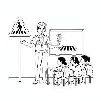 Black and white line art of a traffic awareness class learning about an Indian pedestrian crossing warning sign.