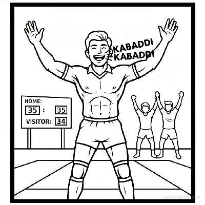Black and white line art of a victorious Indian Kabaddi player chanting 'Kabaddi Kabaddi'.
