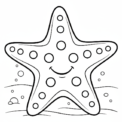 Black and white line art close-up portrait of a smiling chocolate chip starfish with its distinctive raised nodules.