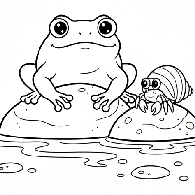 Line art of a curious frog observing a hermit crab in a tidal zone.