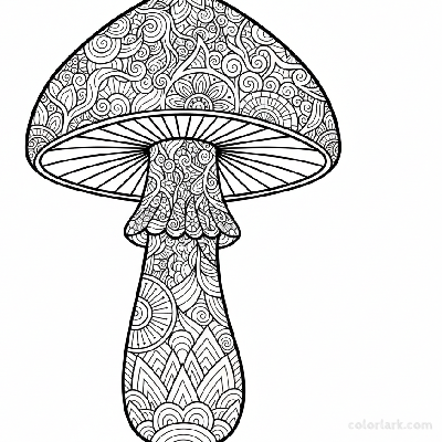 Black and white line art of a single large mushroom adorned with complex swirling patterns and Zentangle-inspired designs, for coloring.
