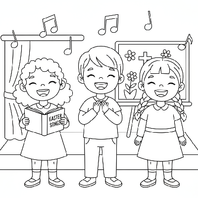 Black and white line art of three diverse children standing together and happily singing Easter songs.