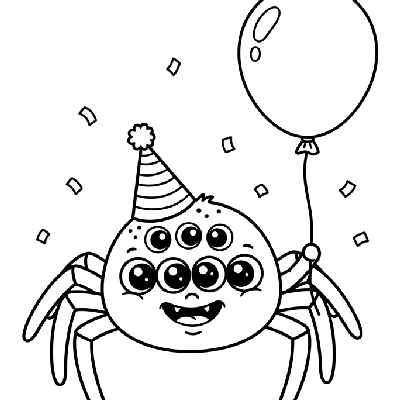 Black and white line art of a friendly spider wearing a party hat and holding a balloon, Halloween coloring page.