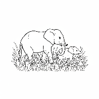 Mother and baby elephant coloring page walking through wild grasses