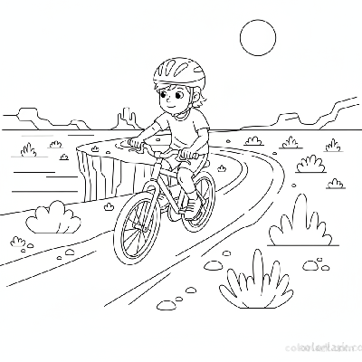 Black and white line art coloring page of a child with a helmet, riding a bicycle on a winding desert mesa trail.