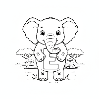 Black and white line art of a gentle elephant holding the letter E with its trunk.