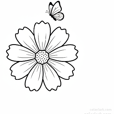 Black and white line art of a simple cosmos flower with a small butterfly hovering just above it.