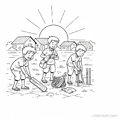 Happy Indian children on a village ground gathering their simple cricket bat, ball, and makeshift wickets after a game.
