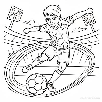 Line art of a child football star striking a powerful shot.