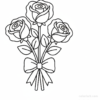 Easy rose bouquet coloring page for young children, black and white line art, simple floral arrangement drawing.
