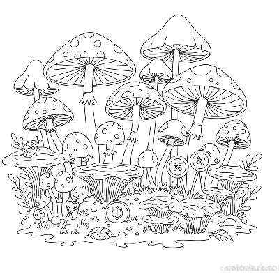 Black and white line art of a dense mushroom patch with several small, common objects cleverly hidden within the foliage, for coloring.