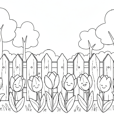 Line art illustration of tulips growing along a wooden picket fence