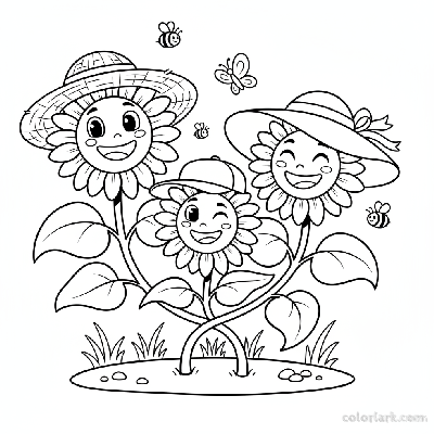 Black and white line art of three cartoon sunflowers with faces and wearing hats